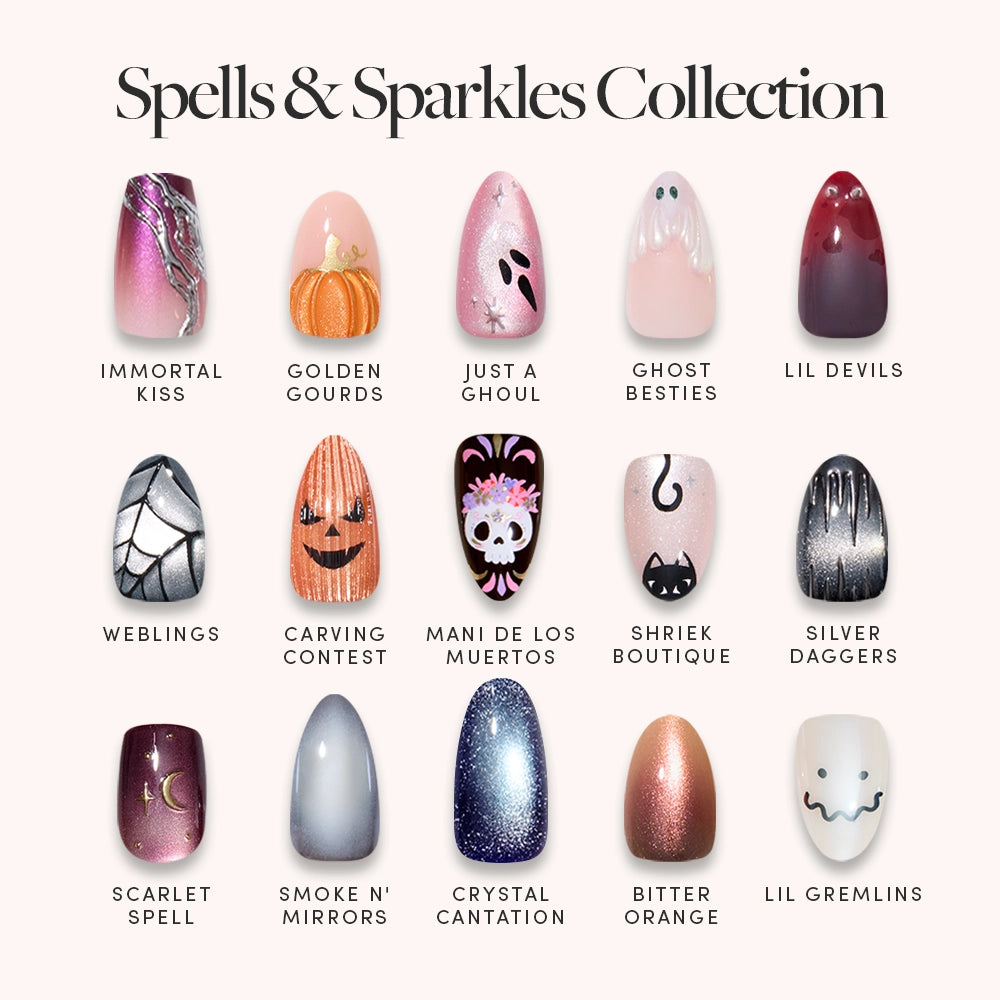 Discover the glamnetic Spells & Sparkles Collection featuring 15 salon-quality press-on nails, each showcasing a unique Halloween-inspired design. Every nail displays distinct patterns, colors, and artwork, with individual design names labeled beneath each nail tip. - Product image