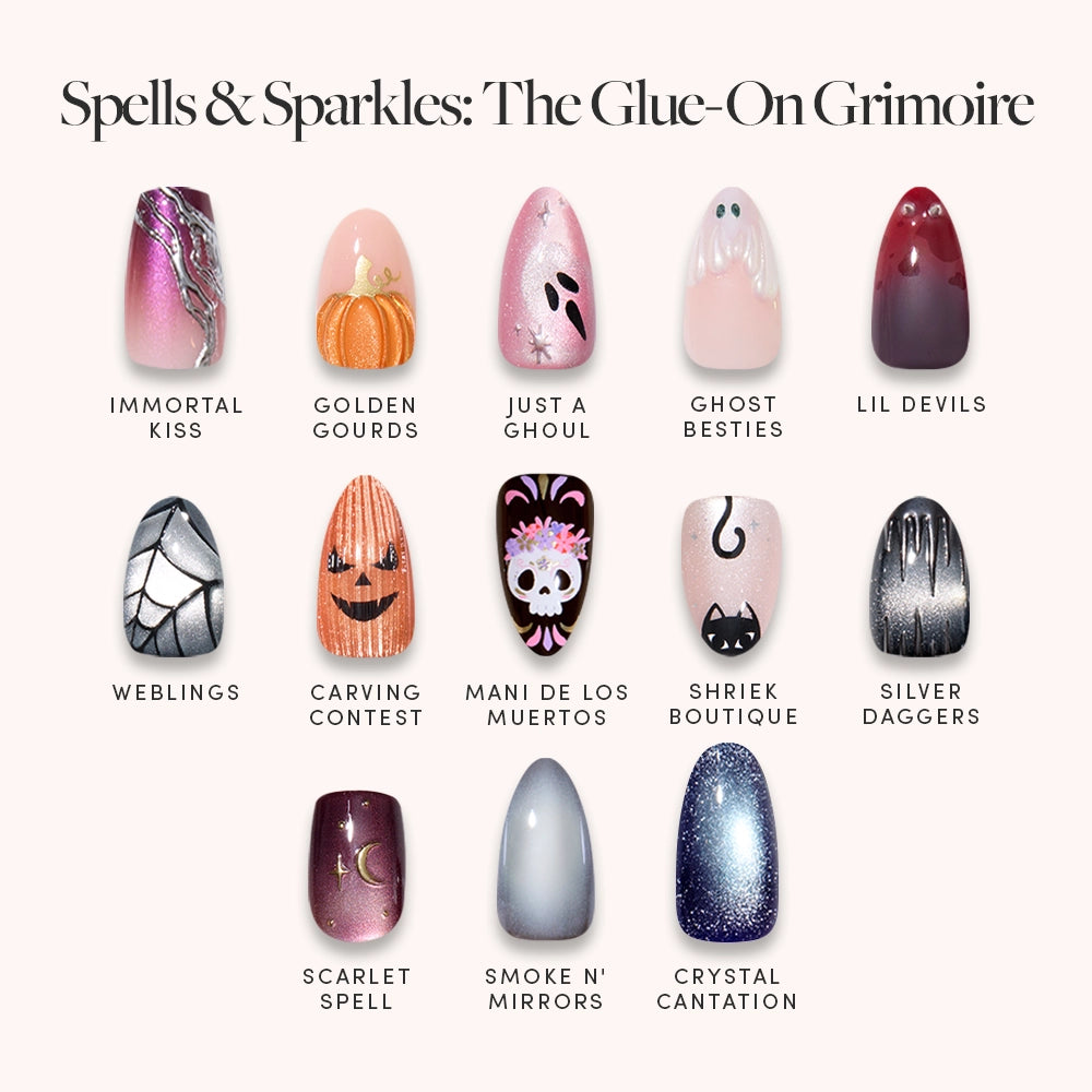 Introducing Spells & Sparkles: The Glue-On Grimoire by glamnetic—a salon-quality, durable press-on nail set including twelve uniquely named and designed Halloween-themed glue-on nails such as Immortal Kiss, Ghost Besties, Weblings, and Scarlet Spell, all artfully displayed in a grid on a light background. - Product image