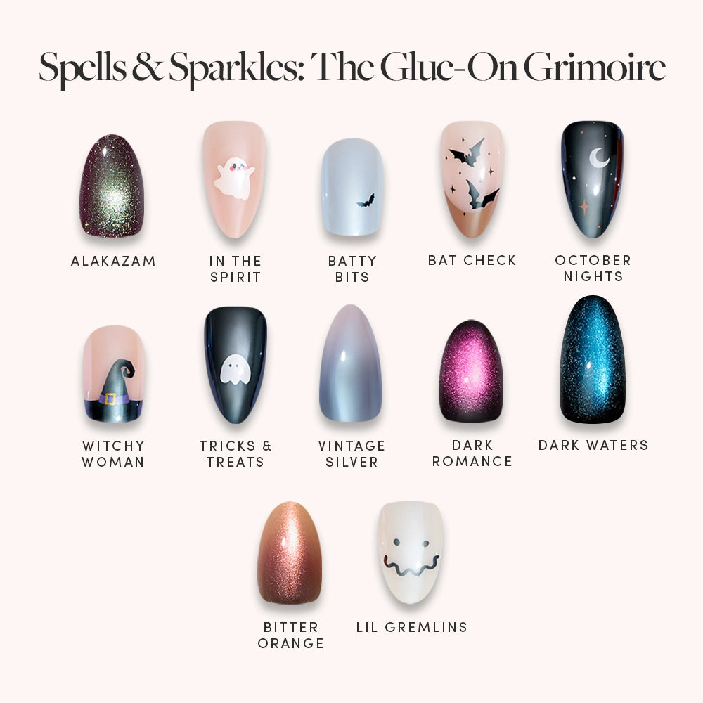 A display of glamnetic’s Spells & Sparkles: The Glue-On Grimoire glue-on nails. Featuring 12 Halloween-inspired styles—ghosts, bats, witch hats, moons, and eye-catching metallics—with enchanting names like Alakazam, Batty Bits, and Dark Waters. Each salon-quality press-on set delivers a magical manicure that lasts all season. - Product image