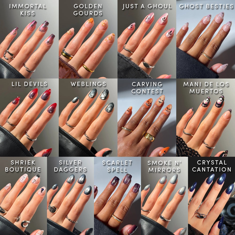 A grid of 13 hands showcases a variety of Halloween-inspired manicures from glamnetic’s Spells & Sparkles: The Glue-On Grimoire collection, featuring names like Immortal Kiss, Golden Gourds, Ghost Besties, Lil Devils, Weblings, Carving Contest, Mani de los Muertos, Smoke N Mirrors, and Crystal Cantation. Each look is crafted with salon-quality durability using easy-to-apply glue-on nails for effortless festive flair. - Product image