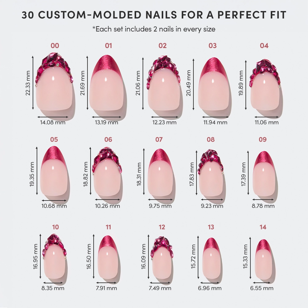 A chart shows 15 sizes of glamnetic Spinel Press-On Nails with pink nude French tips and red designs. Each nail displays width and length for a custom fit, arranged in three rows of five salon-quality nails each. - Product image