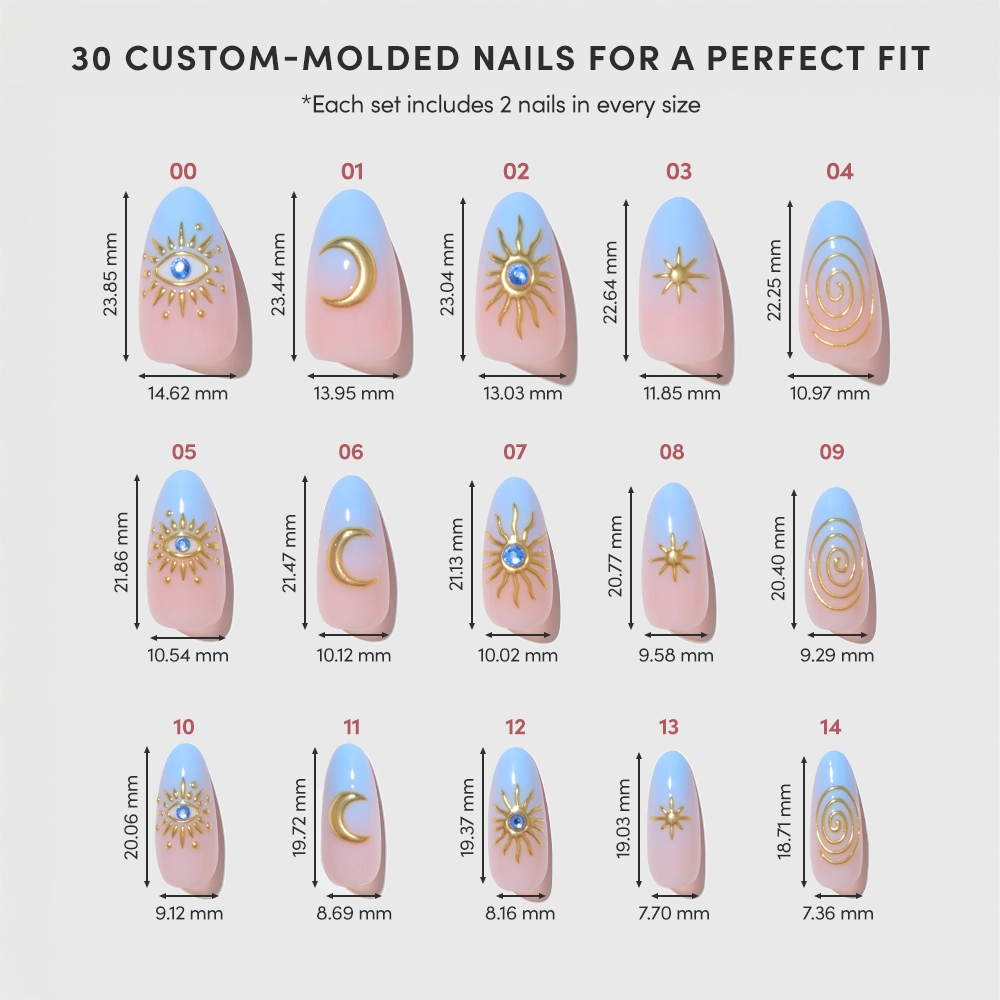 The glamnetic Spirited Sky set features 15 pink and gold cruelty-free press-on nails, each labeled 01-15, with sun, moon, or star designs plus length and width details for easy sizing. - Product image