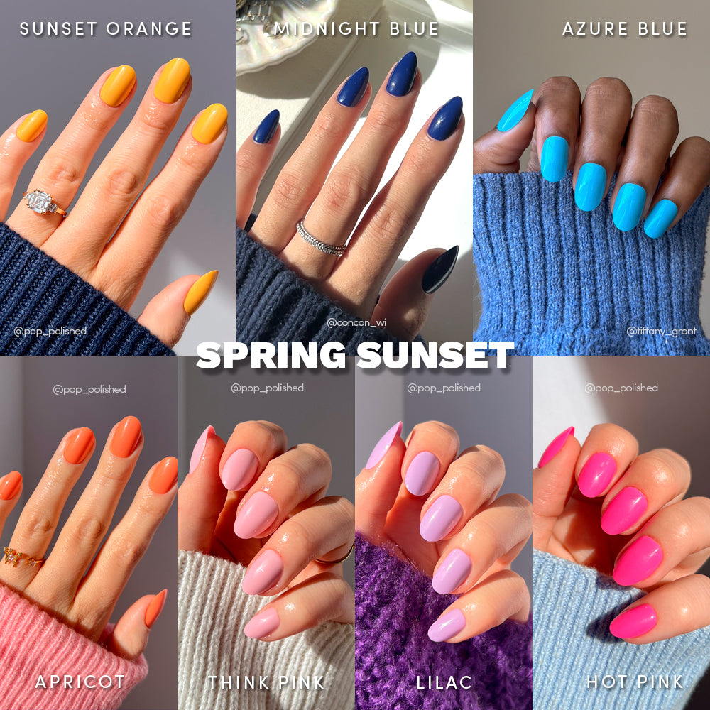 A collage of eight manicured hands, each with glossy polish in bold shades—sunset orange, midnight blue, azure, apricot, think pink, lilac, and hot pink—stands out against vibrant backgrounds. Text: glamnetic Spring Sunset Bundles. - Product image
