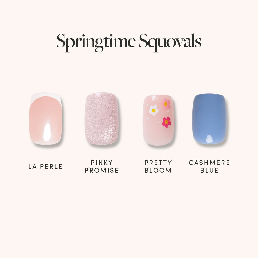 Glamnetic’s Springtime Squovals features four salon-quality short squoval nails: pale pink (La Perle), sparkly pink (Pinky Promise), pink with floral designs (Pretty Bloom), and matte blue (Cashmere Blue). - Product image