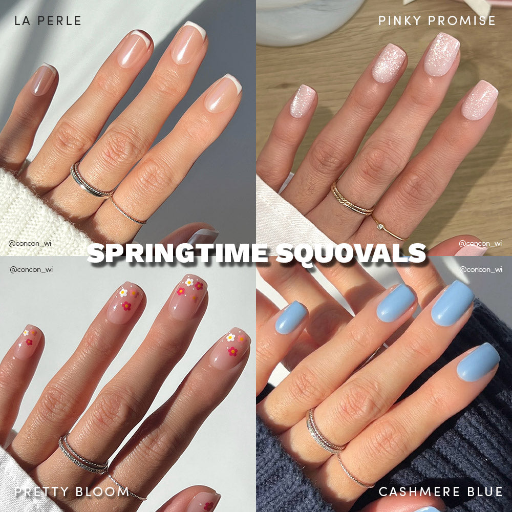 A collage of four hands wearing delicate rings showcases glamnetics Springtime Squovals: chic French tips, pink glitter, red with flowers, and pastel blue nails. Text reads: SPRINGTIME SQUOVALS. - Product image