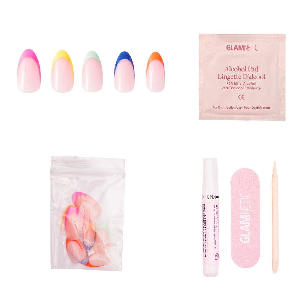 The glamnetic Sprinkles press-on nail kit features five colorful gradient almond-shaped nails, an alcohol pad, extra nails, glue, a pink nail file, and an orange cuticle stick, all arranged on a white background. - Product image