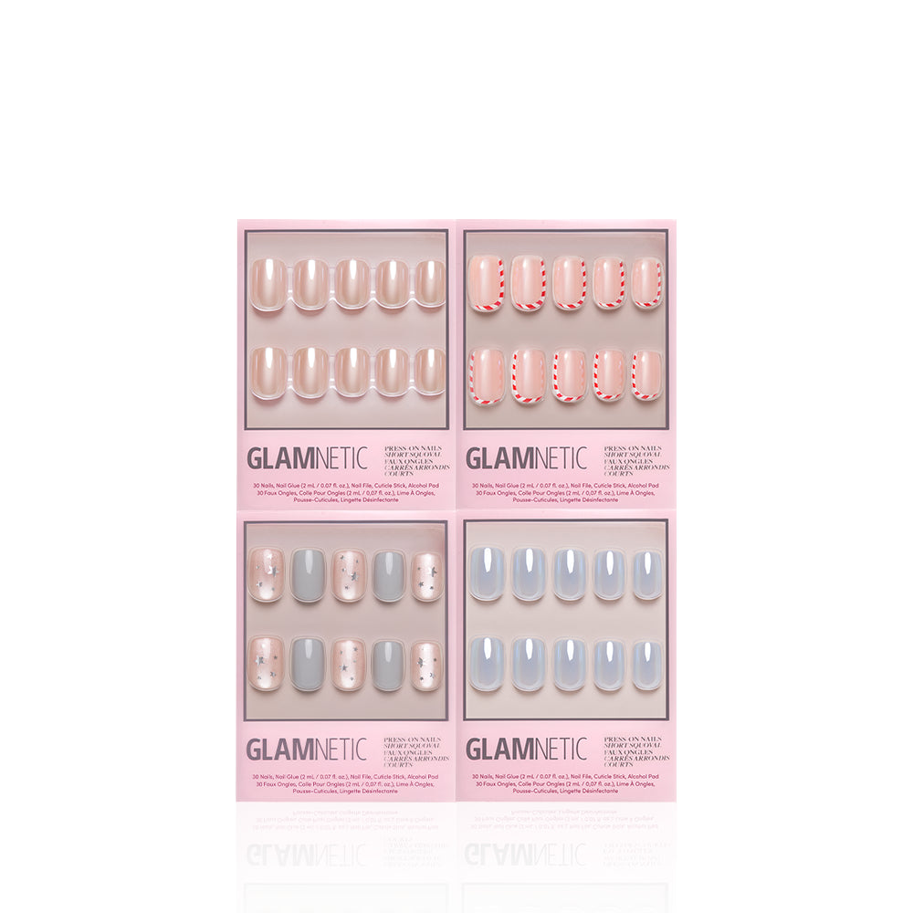 Squoval Stockings - Four boxes of Glamnetic Squoval Stockings, featuring short squoval nails: two sets with nude bases and candy cane-striped tips, and two sets with nude bases and minimalist white line art.