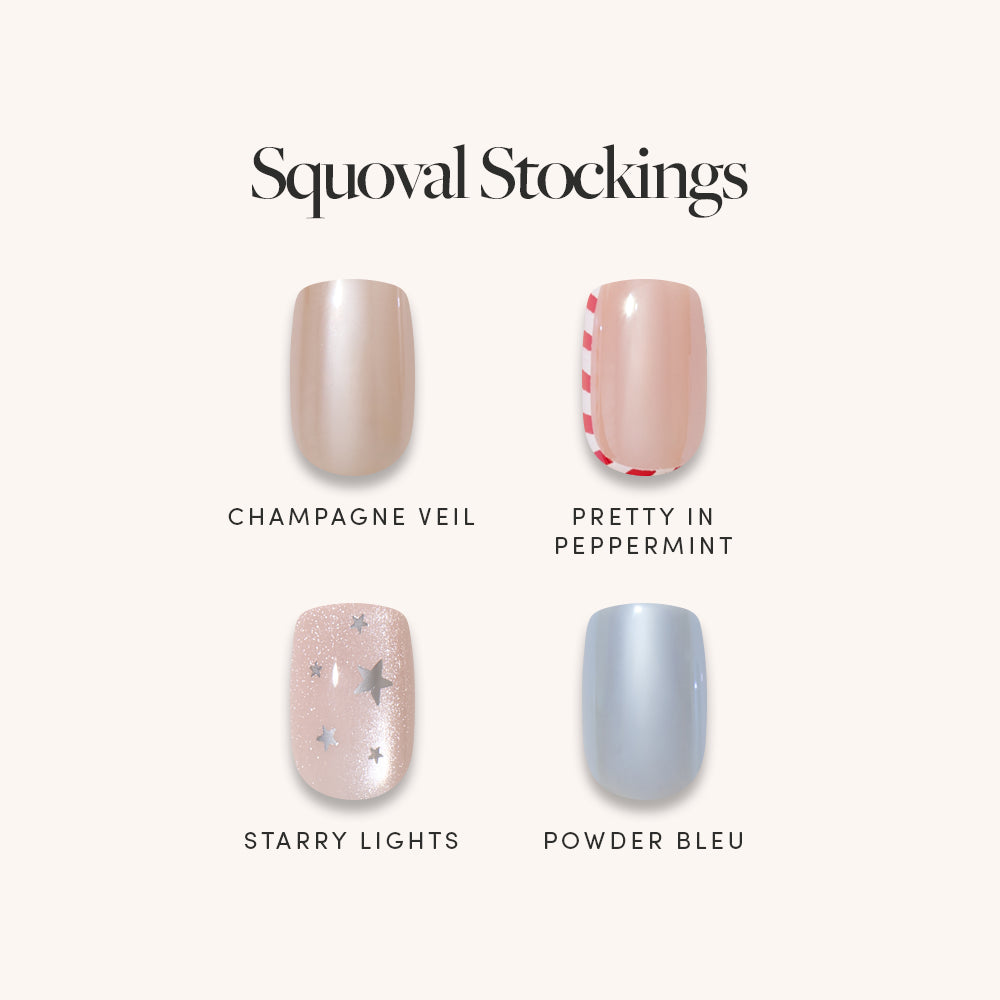 Squoval Stockings - Glamnetic Squoval Stockings press-on nails featuring four designs: Champagne Veil, candy cane striped Pretty in Peppermint, Starry Lights with silver stars, and Powder Bleu.