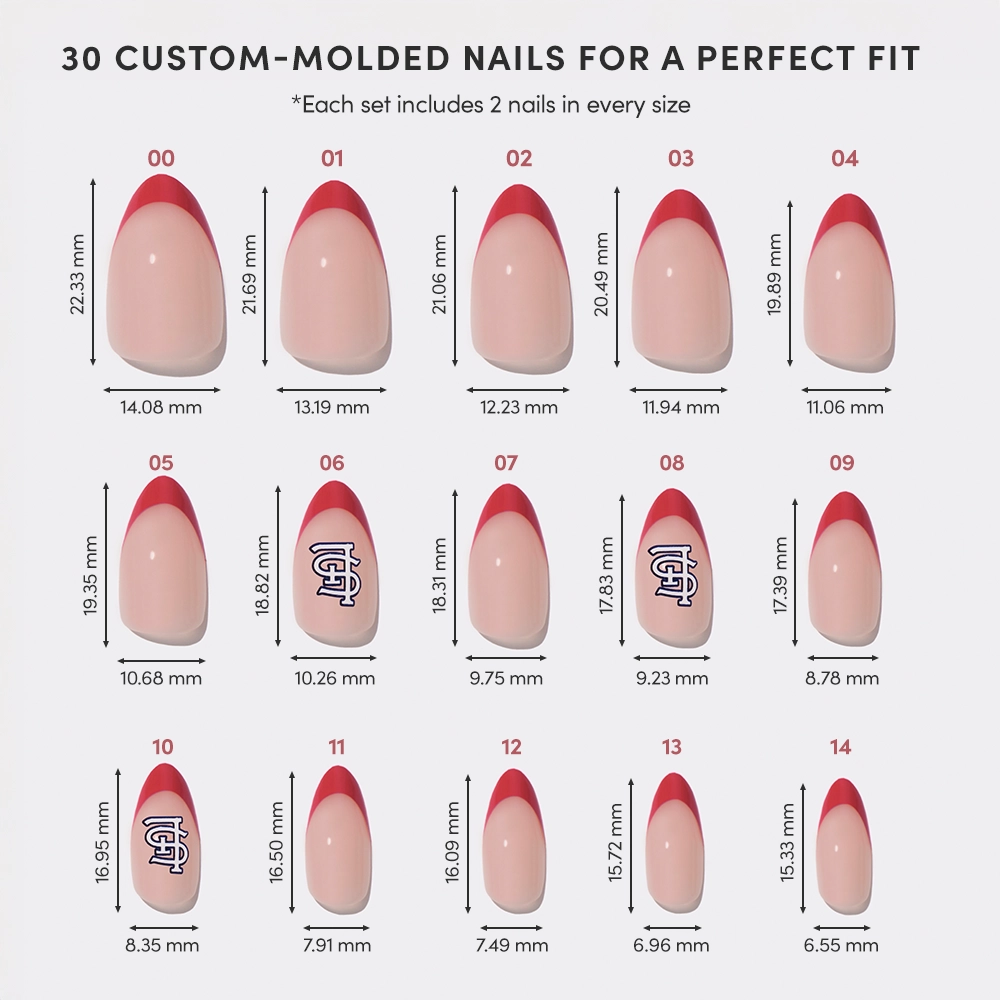 The St. Louis Cardinals Press-On Nail Set by glamnetic showcases 15 salon-quality sizes, each with pink polish and red tips, labeled by length and width. Each set includes 2 nails per size, totaling 30 nails. - Product image