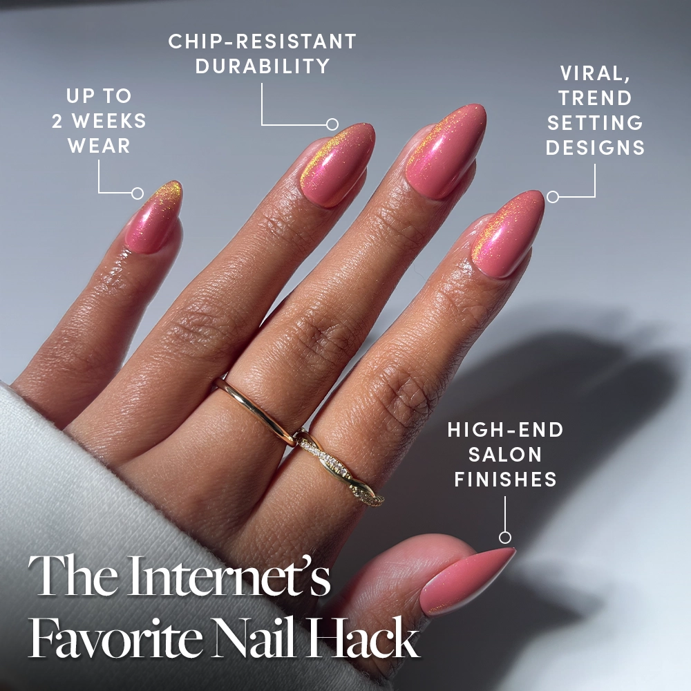 A hand with manicured, pink, short almond Starbeam nails by glamnetic featuring a shimmery gold accent is shown. Text highlights their chip-resistant durability, salon-quality finish, cruelty-free formula, trendy design, and up to 2 weeks of wear. - Product image