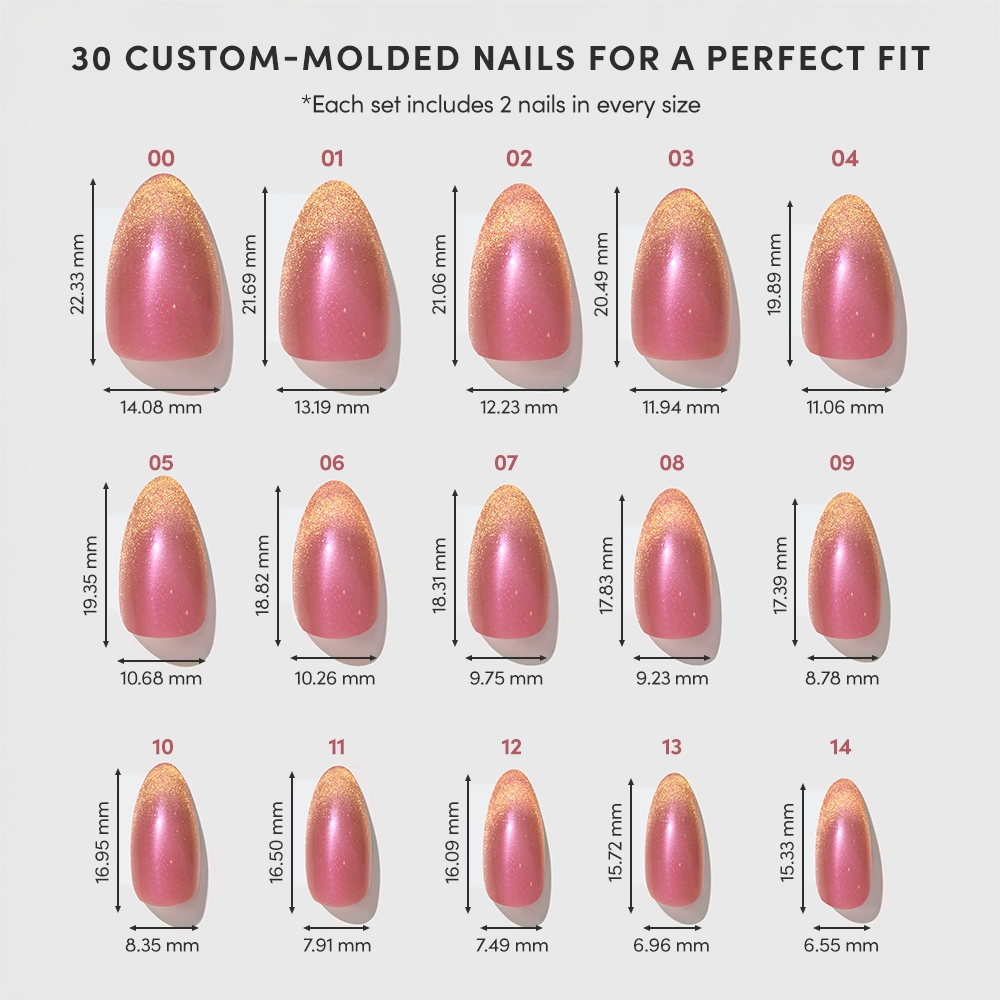 A chart displays 15 sizes of glamnetic Starbeam custom-molded pink and gold short almond nails, cruelty-free, each labeled 00–14 and measured in millimeters. Rows show various widths/lengths; each set contains 2 nails per size. - Product image