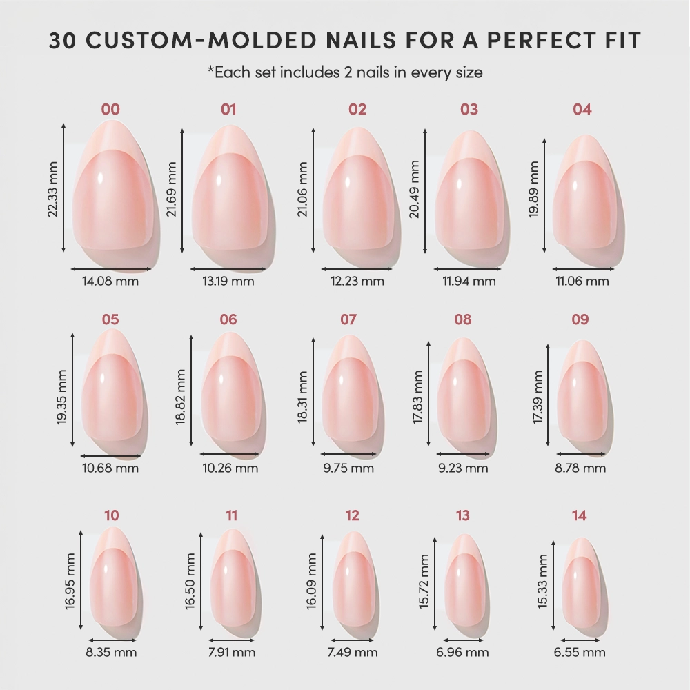 A chart displays 15 different sizes of glamnetic Strawberry Icing custom-molded artificial nails, each labeled with a number and precise width and length measurements in millimeters—perfect for finding your ideal fit, whether you prefer short almond press-on nails or a chic glazed French tip look. - Product image