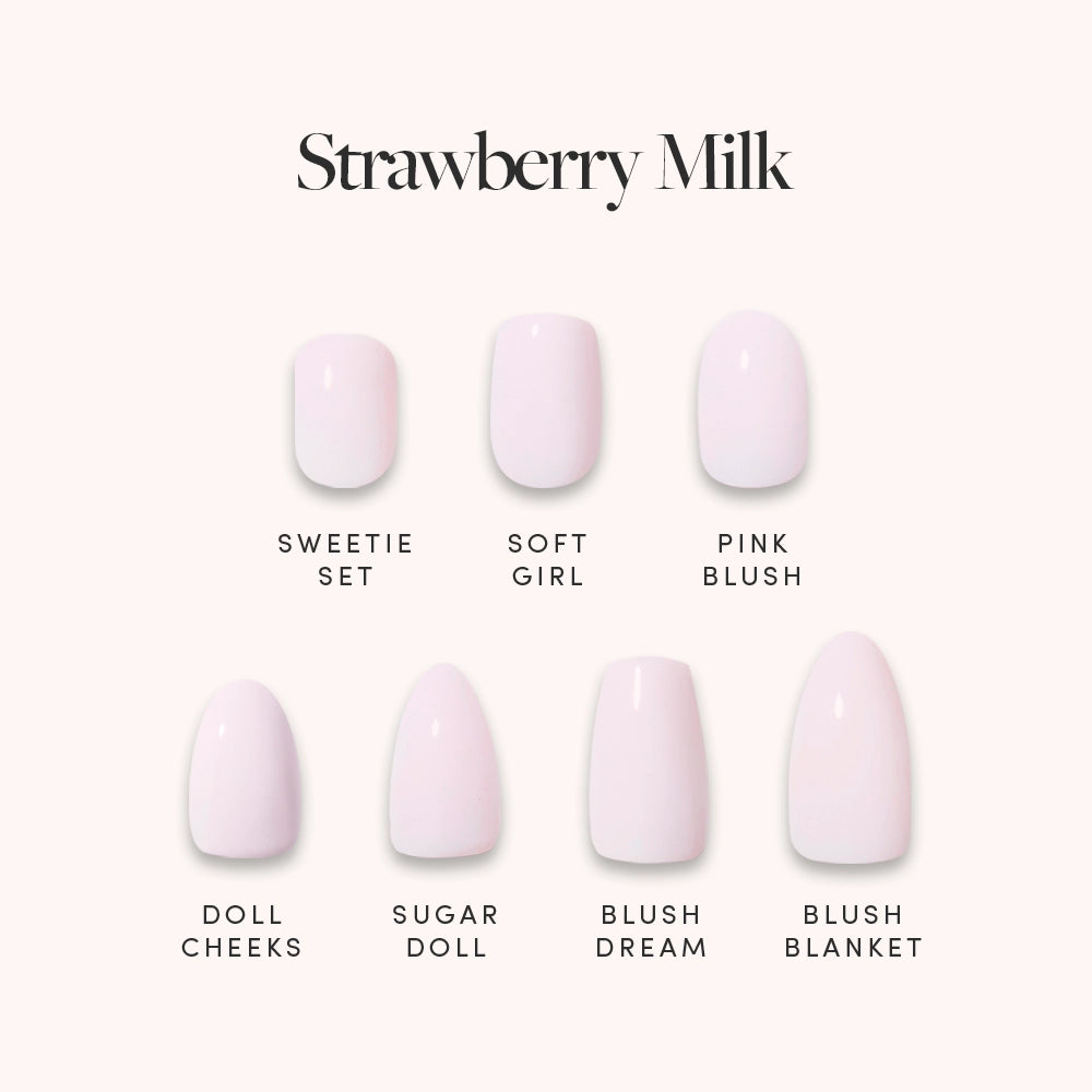 Six soft pink glamnetic nails from the Strawberry Milk Bundle are shown on a light background. These milky press-ons offer semi-transparent finishes for a delicate, effortless look. - Product image