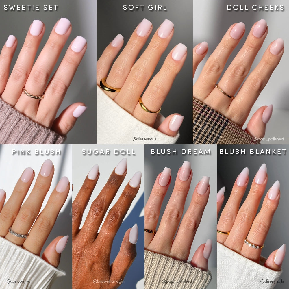 A collage of eight hands with manicured, soft pink nails in Glamnetic's Strawberry Milk Bundle, showcasing milky press-on and semi-transparent styles. Each look features subtle nude shades and delicate rings for a natural, elegant finish. - Product image