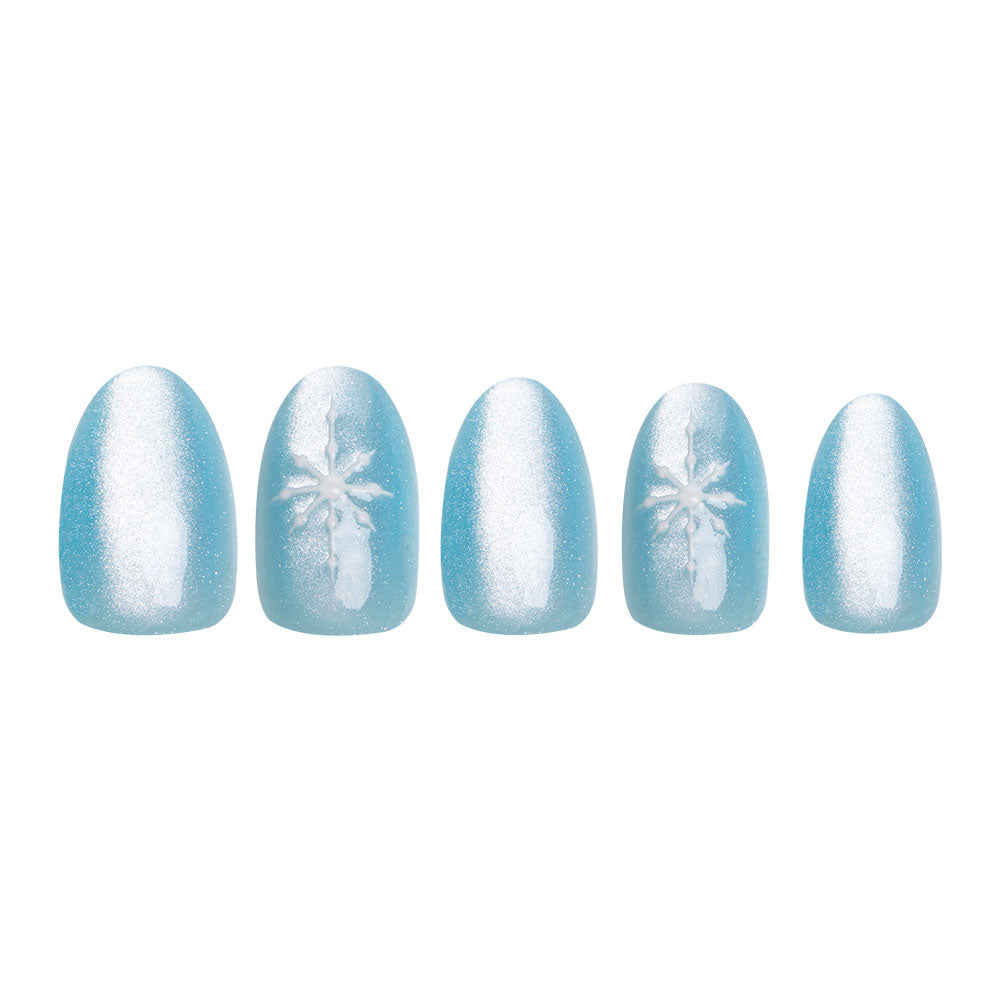 The glamnetic Subzero Nail Set features five blue press-on nails with a shimmery velvet finish—two adorned with snowflake accents and the rest shining with a sparkling frosty effect. - Product image