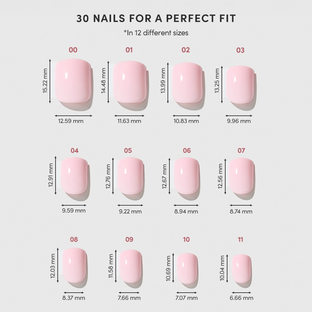 The glamnetic Sugar BB chart shows 12 sizes of glossy pink press-ons. Each super short nail is numbered, with width and length in millimeters listed for effortless selection. - Product image
