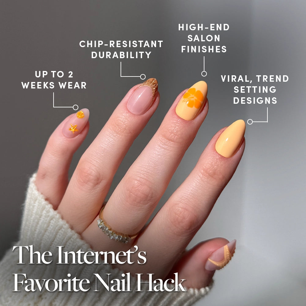 Glamnetic’s Sunny Shores Press-On Nail Set features long almond-shaped nails in yellow and peach with floral, abstract, and seashell designs. Enjoy up to 2 weeks of chip-resistant wear, high-end finishes, and on-trend styles. - Product image