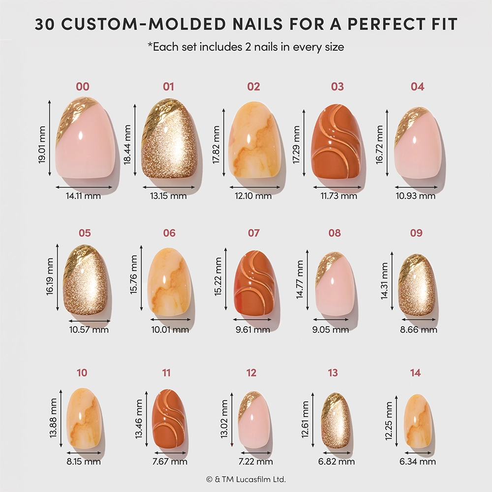 A chart displaying 15 sizes of the glamnetic Suns of Tatooine custom-molded artificial nails—including short oval press-on options—in a range of pink, gold, and marble designs, each clearly labeled with length and width measurements in millimeters for a perfect fit. - Product image