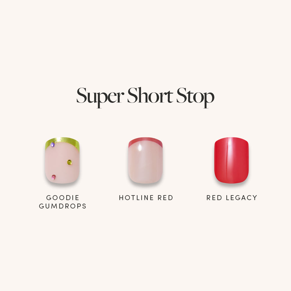 Three super short nail designs from glamnetic’s Super Short Stop collection: pastel pink with green tips and gems (Goodie Gumdrops), sheer pink with a red tip (Hotline Red), and glossy solid red (Red Legacy) on a white background—each style features natural-looking, salon-quality press-on nails for easy at-home manicures. - Product image