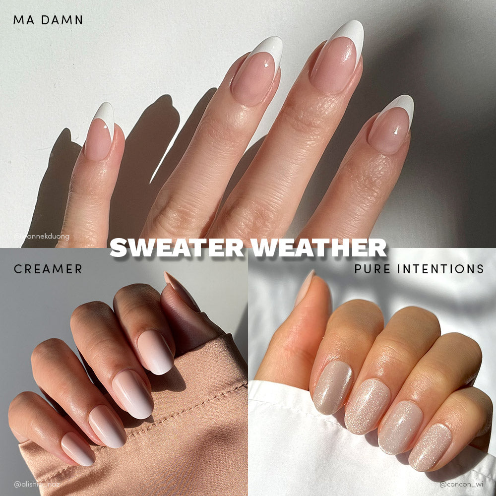 Three well-lit hands with almond-shaped nails showcase glamnetic’s Sweater Weather press-on set in soft, neutral tones. Featured shades are “Ma Damn,” “Creamer,” and “Pure Intentions.” Center text reads: Sweater Weather. - Product image