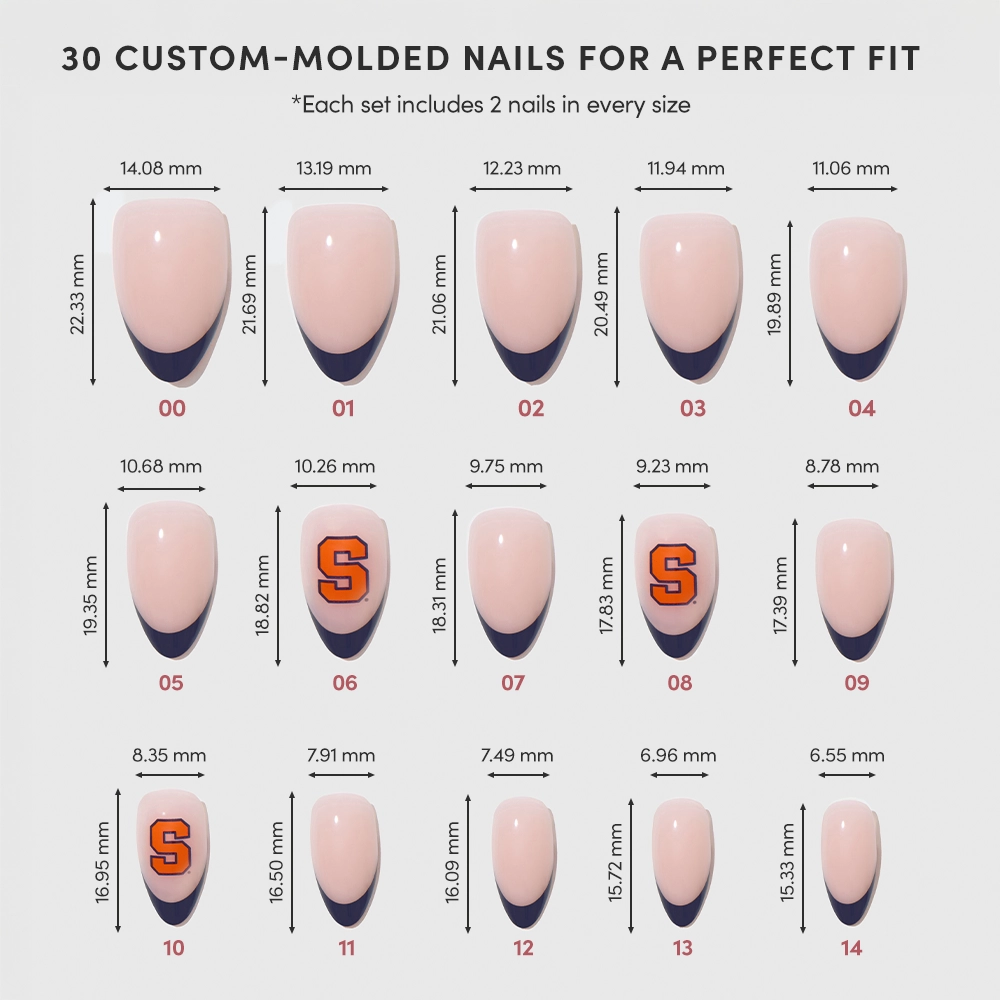 The glamnetic Syracuse Orange Press-On Nail Set features 15 custom-molded sizes, each with pink finish, dark blue French tips, and select nails sporting the Syracuse Orange logo. Includes 2 of each size—ideal for a game day manicure. Measurements in millimeters. - Product image