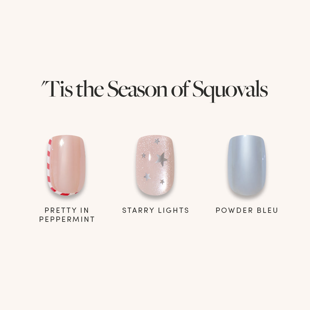 'Tis the Season of Squovals - ’Tis the Season of Squovals press-on nails featuring three designs: a nude nail with a red and white candy cane stripe edge, a nude nail with silver star glitter, and a solid metallic blue nail with a reflective finish.