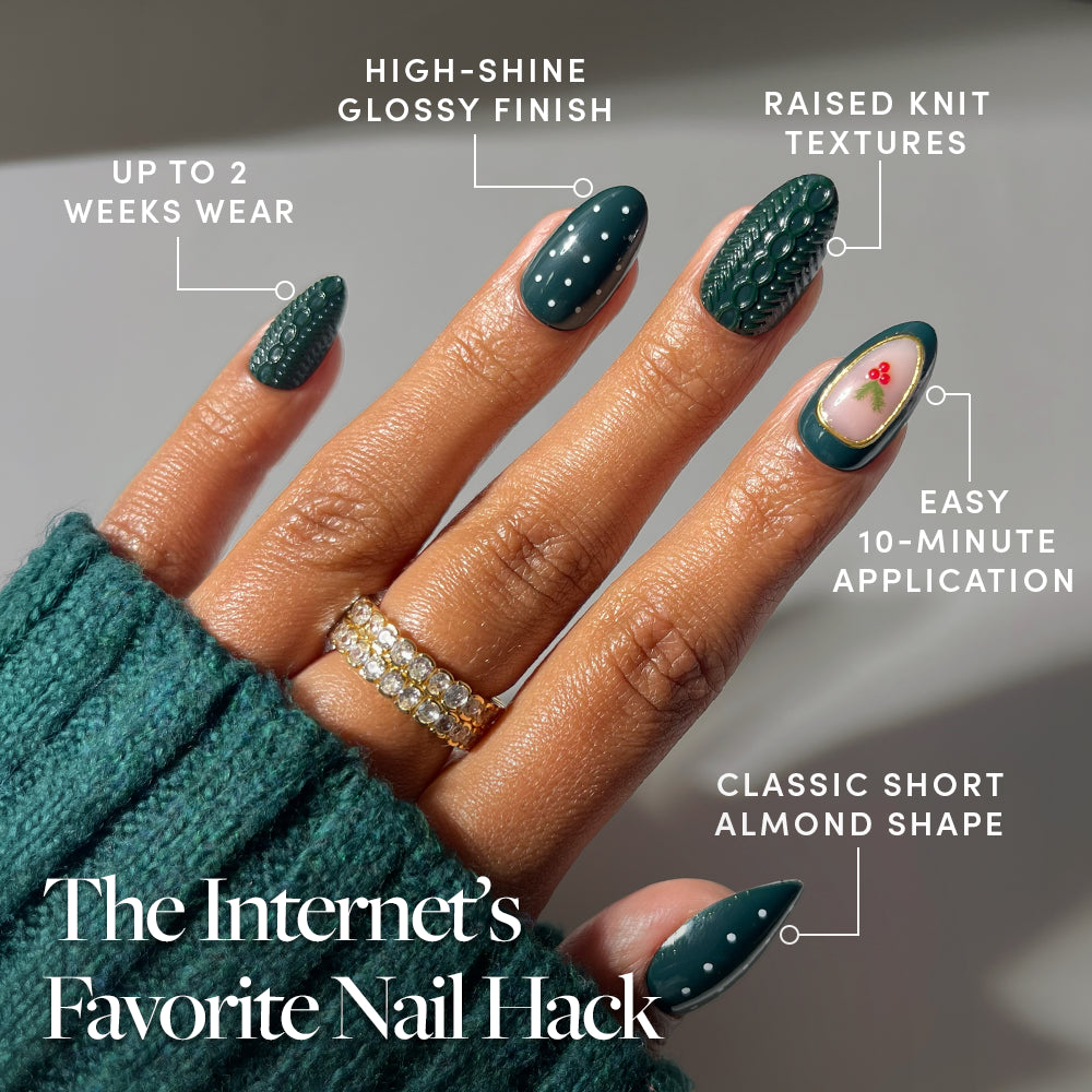 A hand wearing Table for Ten almond-shaped dark green nails with polka dots, cable knit patterns, and a holly berry accent, featuring a high-shine finish. - Product image