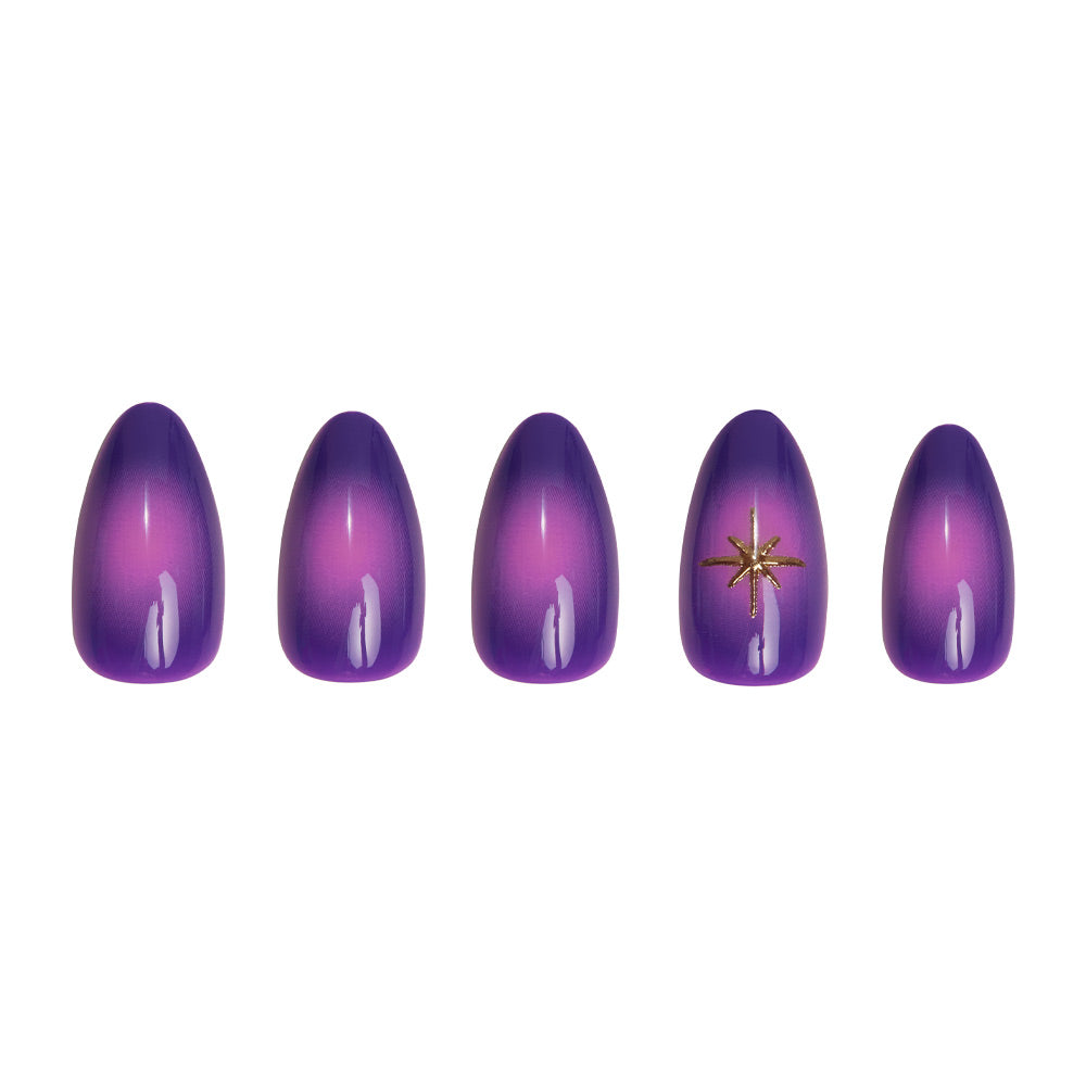 Five short almond artificial nails in mystical purple ombre by glamnetic. The fourth nail features a tiny gold star near the cuticle, inspired by their Tarot set. - Product image