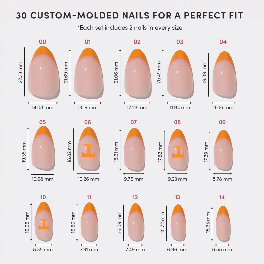 Diagram of the glamnetic Tennessee Volunteers Press-On Nail Set, featuring 15 pairs of custom-molded nails with orange French tips. Each nail’s length and width in millimeters shown to display a variety of fits. - Product image