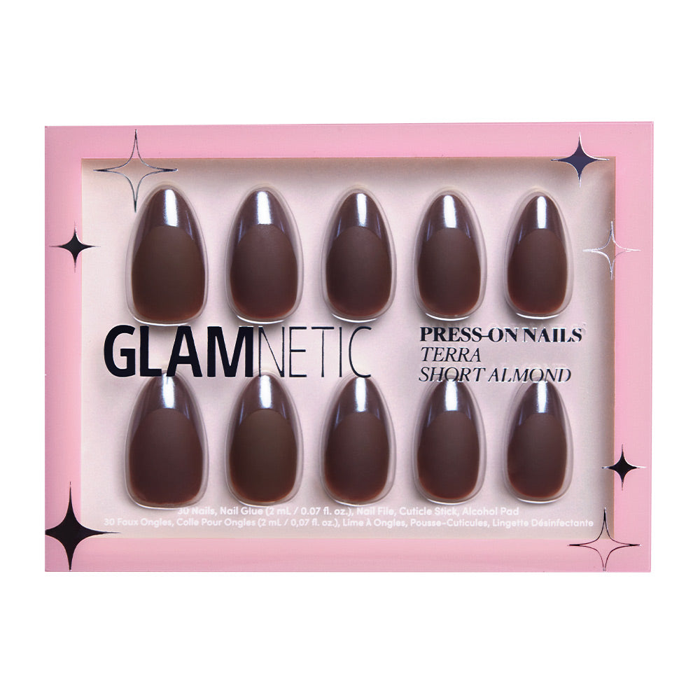 A set of 10 short almond-shaped matte nails in earthy brown, packaged in a pink tray labeled glamnetic Terra Press-On Nails. - Product image