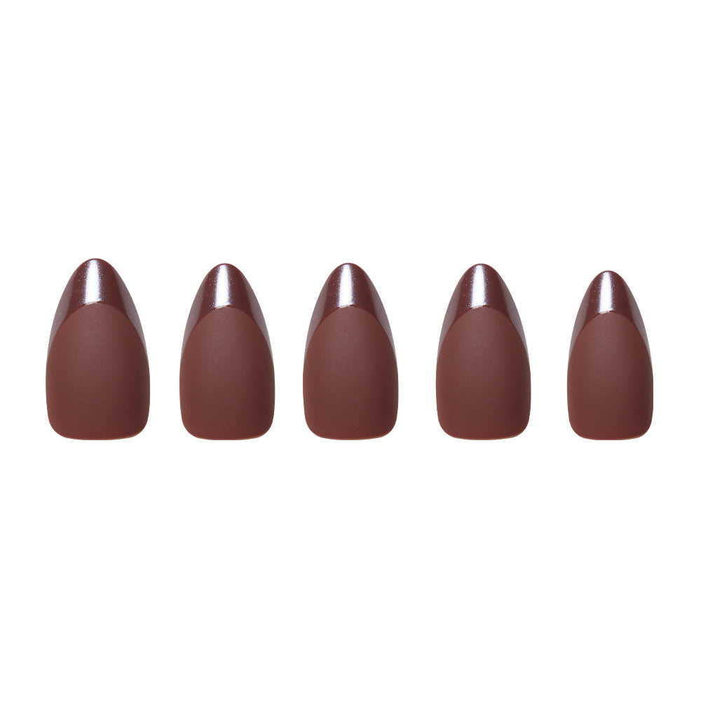 Five glossy, earthy-brown Terra press-on nails by glamnetic are arranged in a row against a white background. - Product image