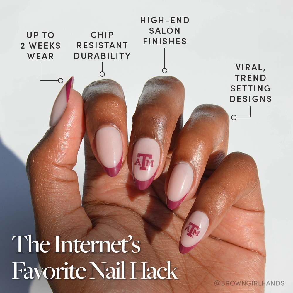 Show off almond-shaped maroon French tips with Texas A&M Aggies logos using the glamnetic Texas A&M Aggies Press-On Nail Set—The Internet’s Favorite Nail Hack. Enjoy up to 2 weeks of chip-resistant wear and salon-quality, trend-setting designs. - Product image