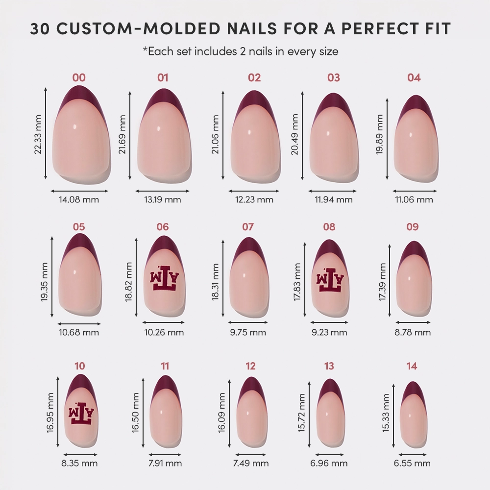 Chart displaying 15 sizes of glamnetic Texas A&M Aggies Press-On Nail Set, pink with maroon French tips and stylized WLVY logo, labeled 00–14 with measurements in millimeters for length and width. - Product image