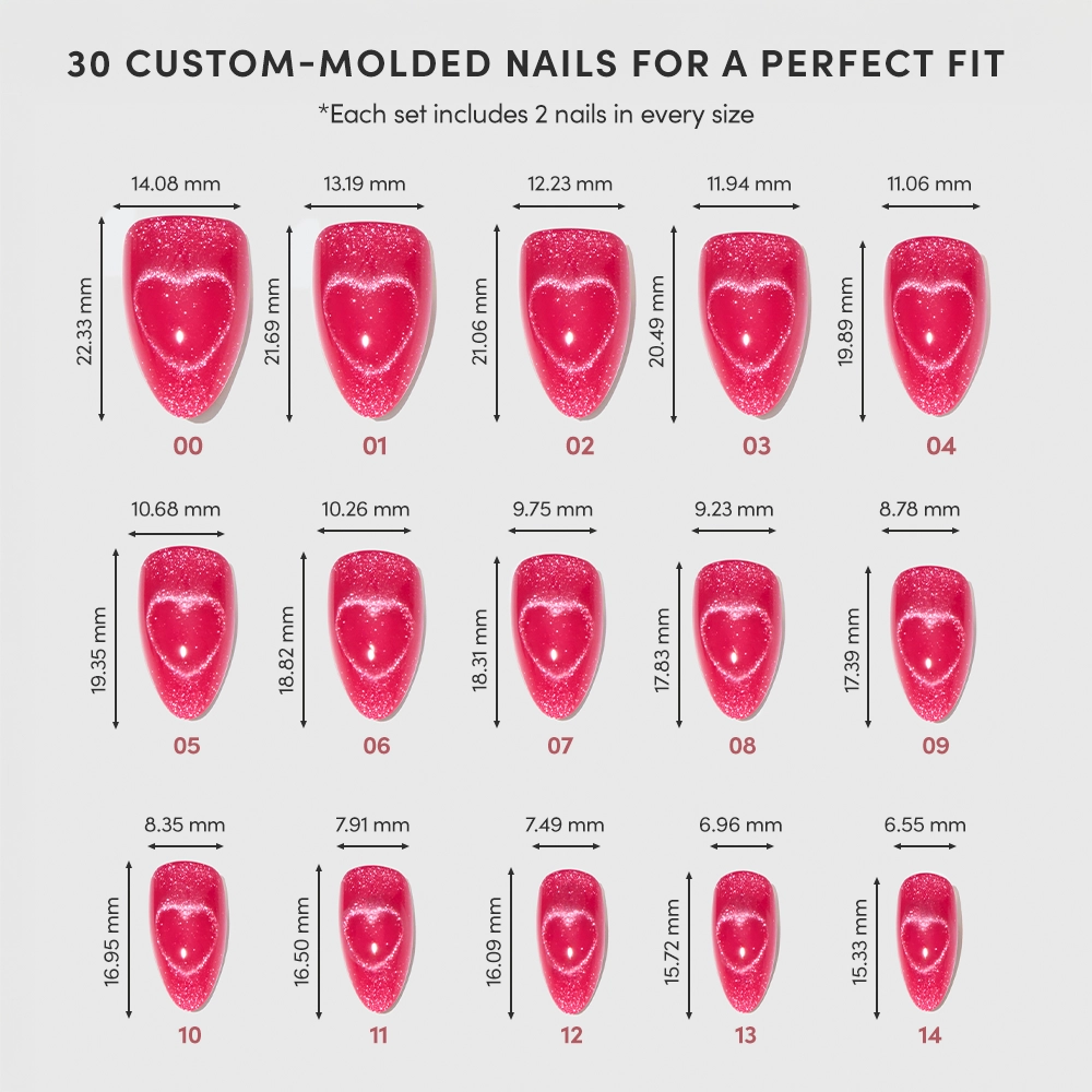 A display of 15 sizes of glamnetic’s Text Me Back red, heart-shaped press-on nails shows width and height in millimeters. Each nail, labeled 01–15, ensures you find your perfect fit. - Product image
