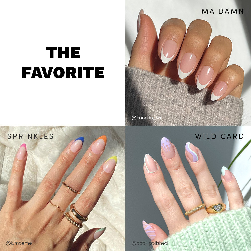 A collage of four glamnetic nail art styles: vibrant white French tips called The Favorite, colorful pastel Sprinkles, and wavy pastels named Wild Card—each showcases bold, playful designs. - Product image