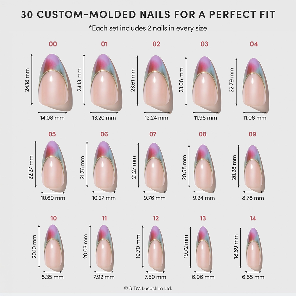 The Jedi Order - Chart displaying 15 sizes of custom-molded almond press-on nails from glamnetic’s The Jedi Order collection, each labeled with precise length and width measurements in millimeters. Every set includes two nails per size (30 nails total), making it easy to create your own STAR WARS-inspired manicure or assemble a flawless Jedi Order nail set.