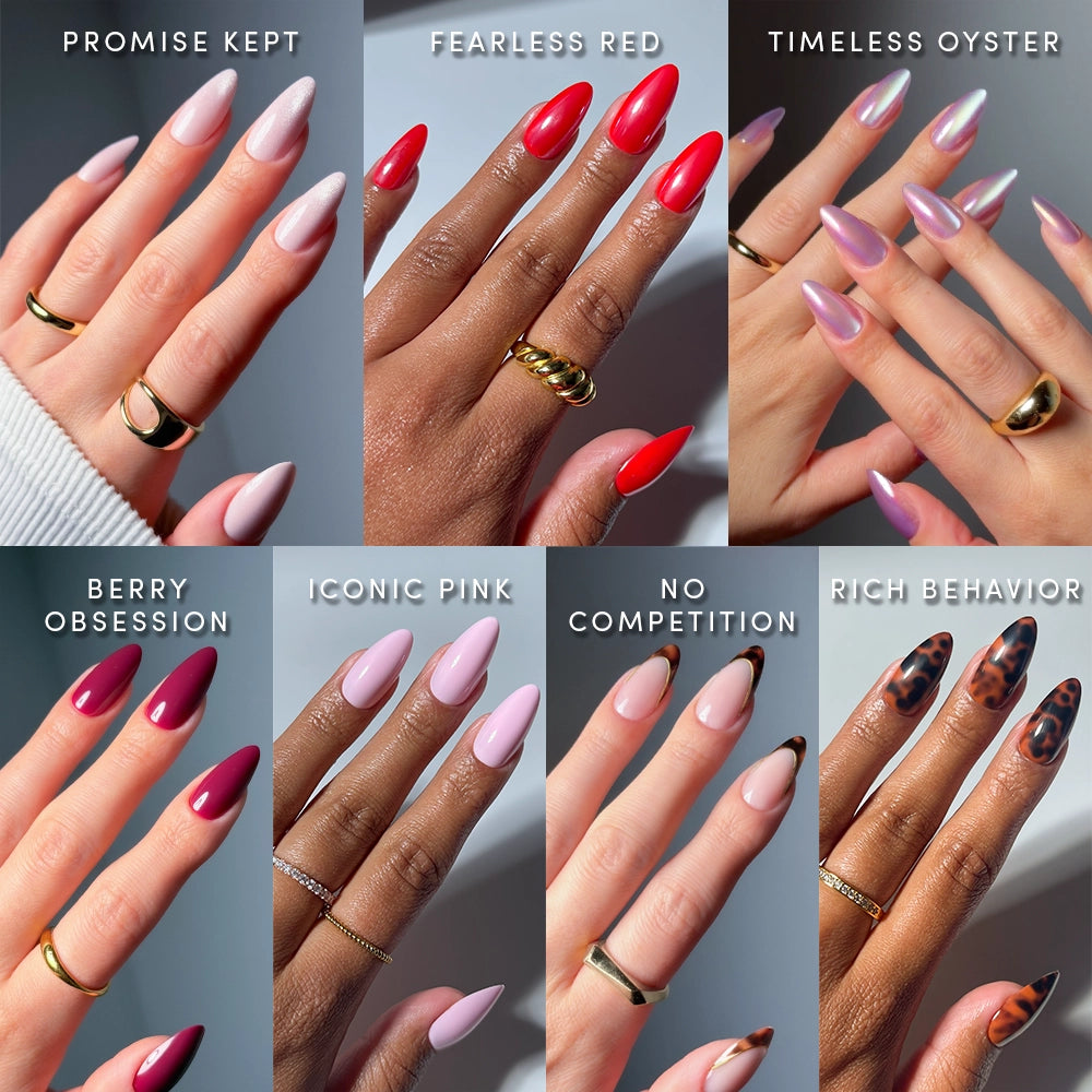 Eight manicured hands show off different shades, from nude to tortoiseshell, each adorned with gold rings—a stunning look inspired by glamnetic’s The Medium Almond Edit press-on nail set.