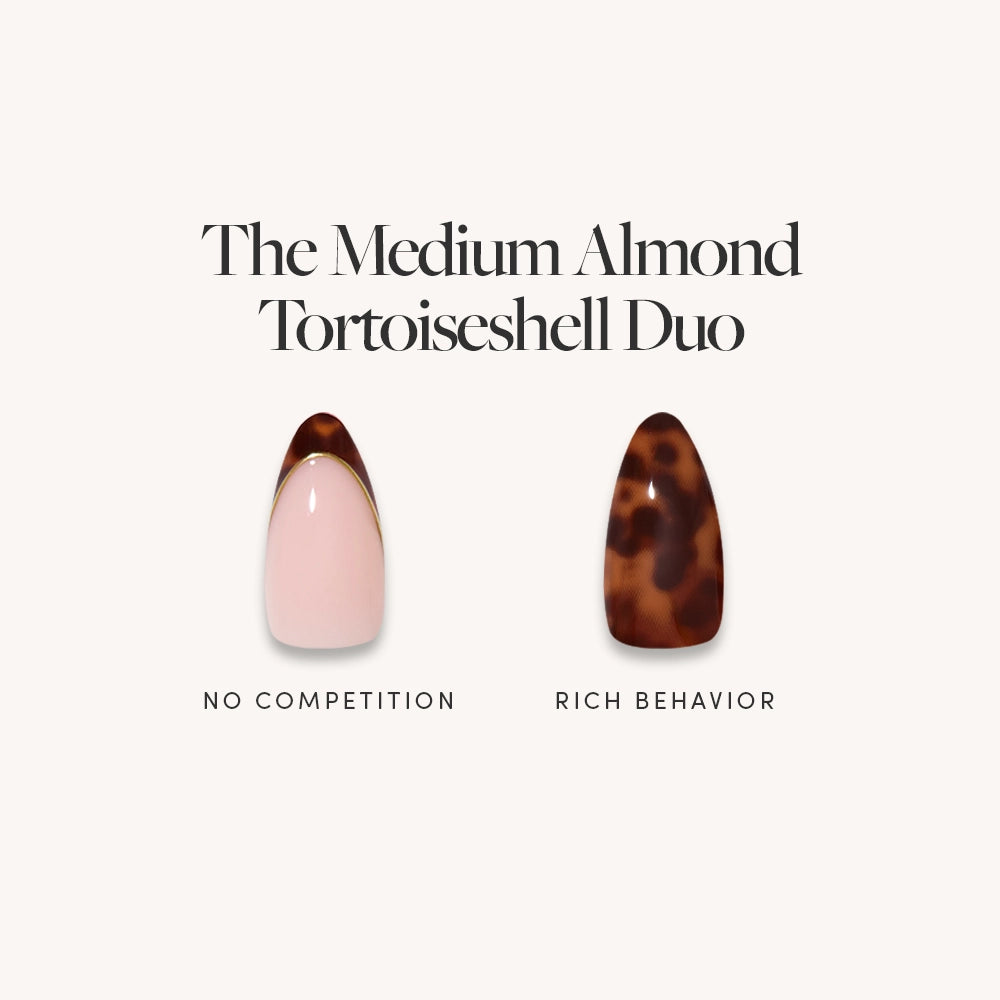 The Medium Almond Tortoiseshell Duo by glamnetic features two chic almond-shaped press-on nails: No Competition—a nude pink with a dark brown tortoiseshell tip, and Rich Behavior—a fully patterned design for easy, stylish nails in minutes. - Product image