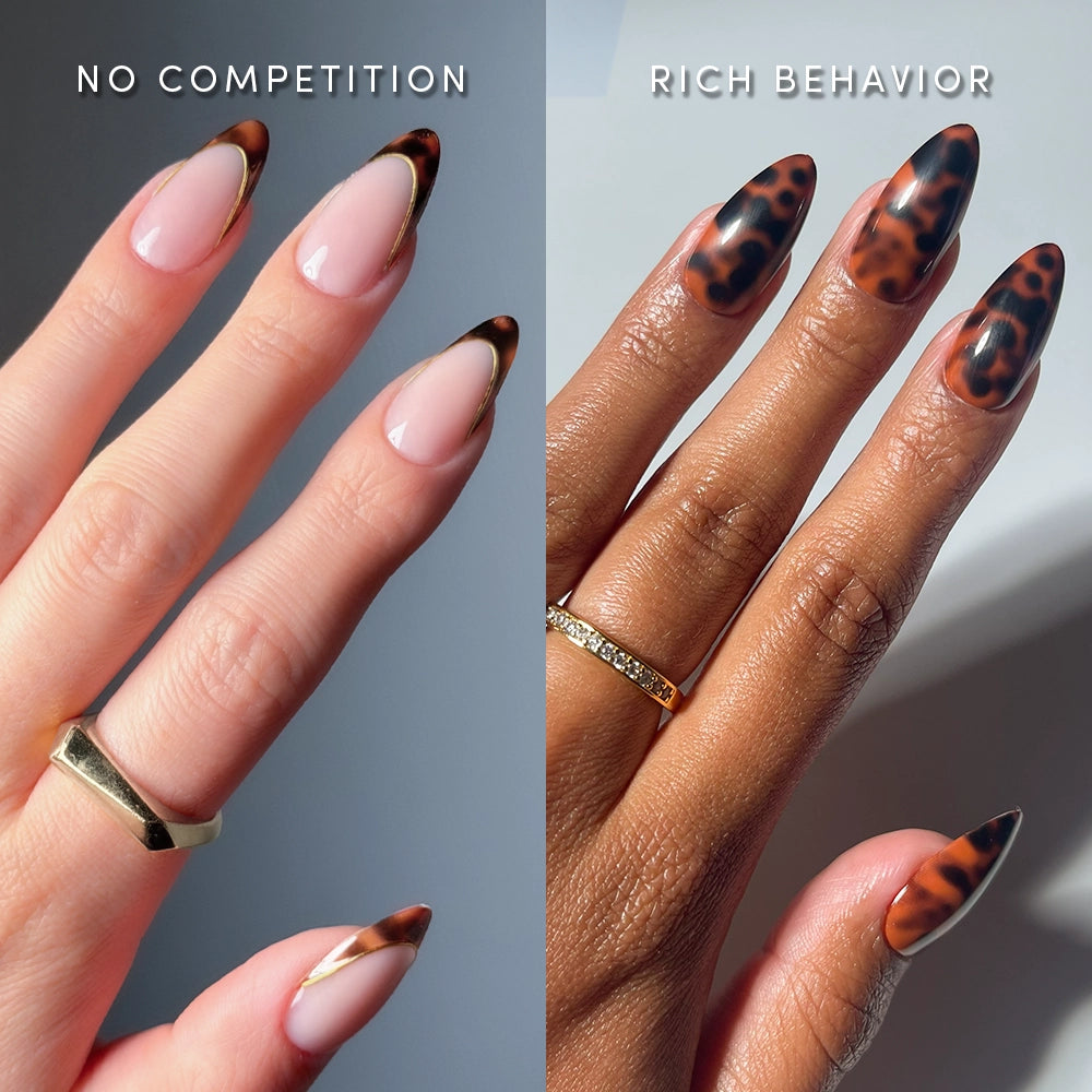 Side-by-side close-up of two hands with glamnetic's The Medium Almond Tortoiseshell Duo: left hand has No Competition nude nails with tortoiseshell tips, right hand shows Rich Behavior full tortoiseshell nails. Both wear gold rings. - Product image