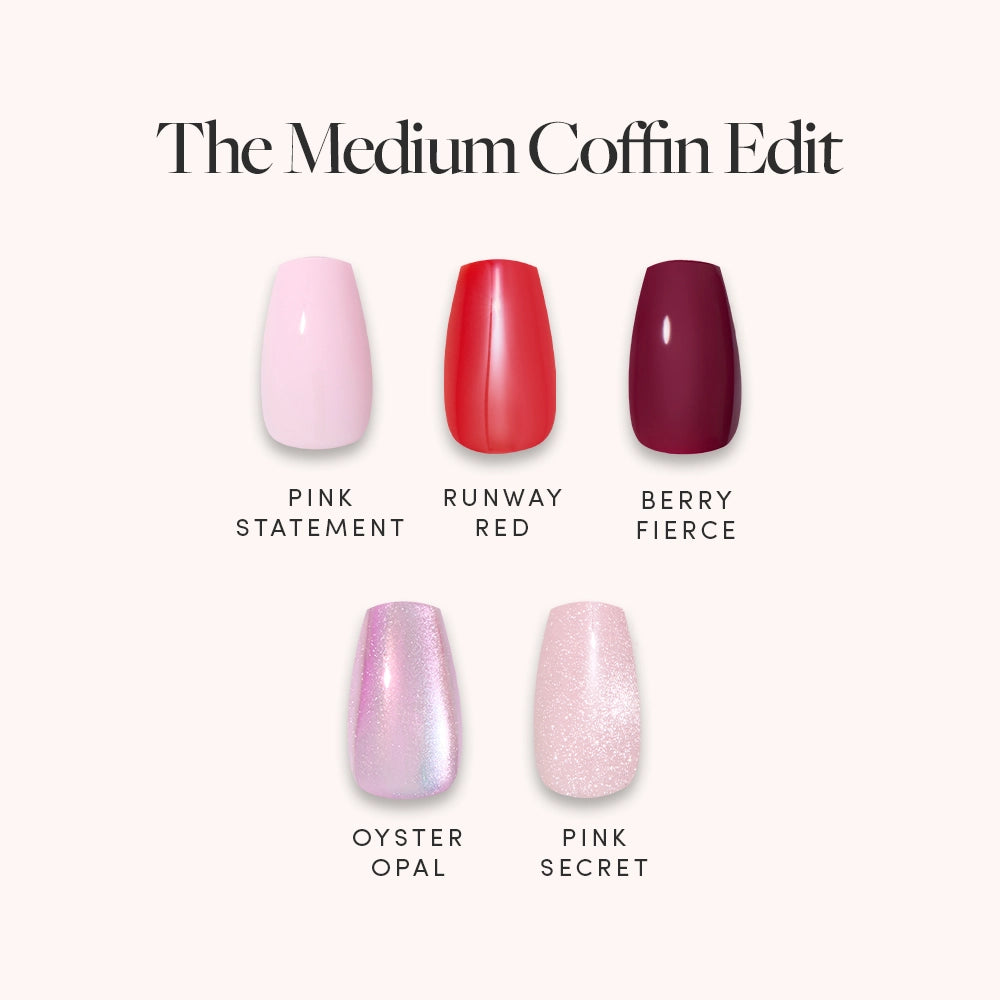 The Medium Coffin Edit by glamnetic features five chic sculpted nails, each painted a different color: Pink Statement (light pink), Runway Red (bright red), Berry Fierce (deep berry), Oyster Opal (shimmery opal), and Pink Secret (glittery pink).