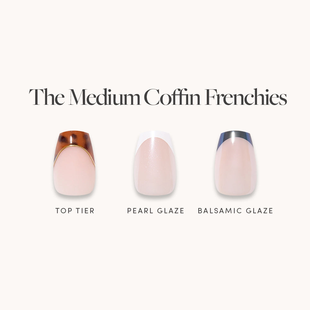 The glamnetic Medium Coffin Frenchies set includes three unique French tip press-on nails: brown and gold Top Tier, white pearly Pearl Glaze, and dark blue Balsamic Glaze.