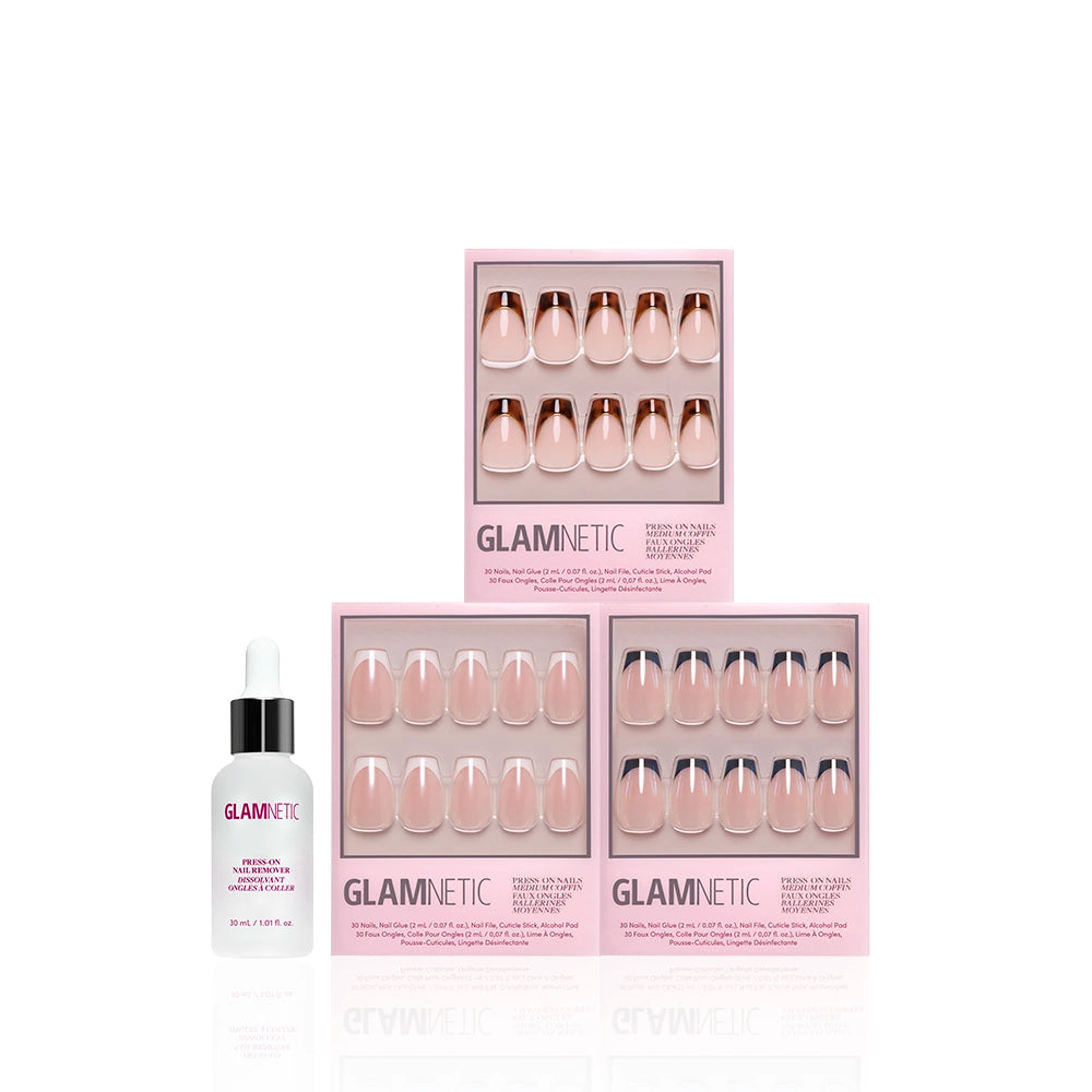 Three boxes of glamnetic The Medium Coffin Frenchies press-on nails are arranged in a pyramid, with glamnetic nail glue to the left. The display features stylish medium coffin nails against a clean white background. - Product image