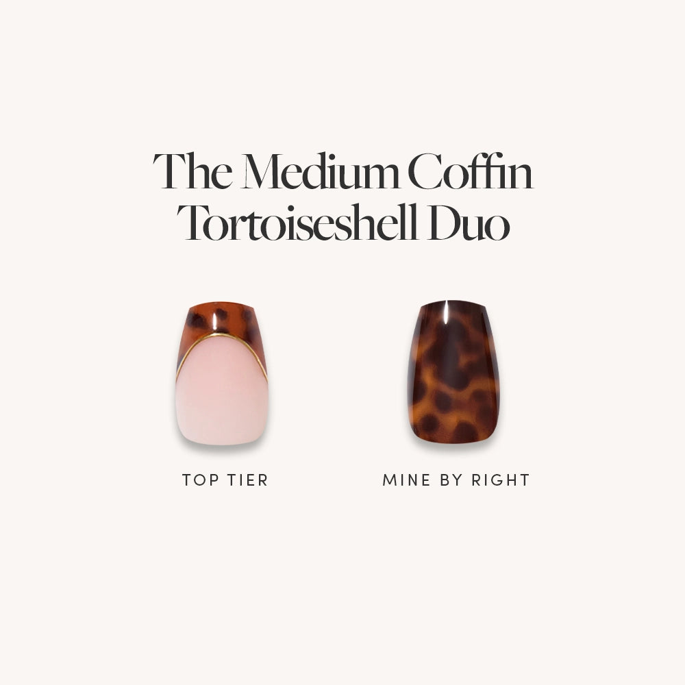 The Medium Coffin Tortoiseshell Duo by glamnetic features two coffin-shaped press-on nails: Top Tier is pink with a brown tortoiseshell tip, while Mine By Right is fully covered in tortoiseshell pattern. - Product image