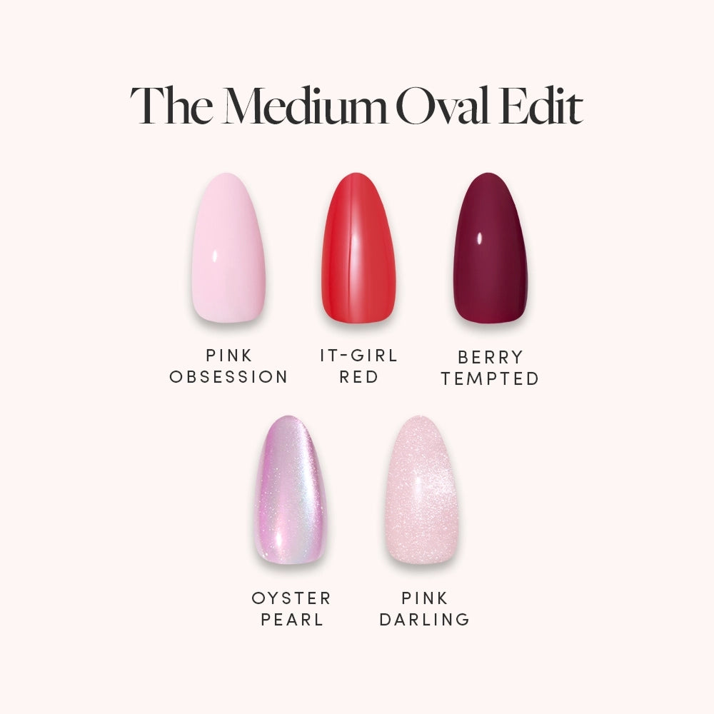 Glamnetic’s The Medium Oval Edit features five press-on nails—Pink Obsession (light pink), It-Girl Red, Berry Tempted, Oyster Pearl, and Pink Darling—to add chic style to your mani wardrobe with this curated medium oval set.