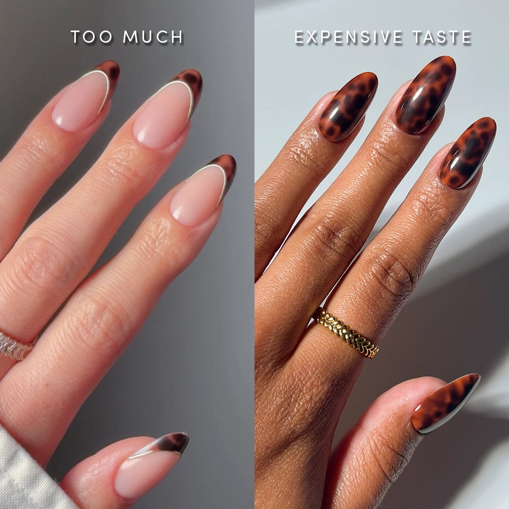 Split image of manicured hands: left has nude nails with brown tortoiseshell tips labeled Too Much; right shows full tortoiseshell nails using The Medium Oval Tortoiseshell Duo by glamnetic for an Expensive Taste look. - Product image