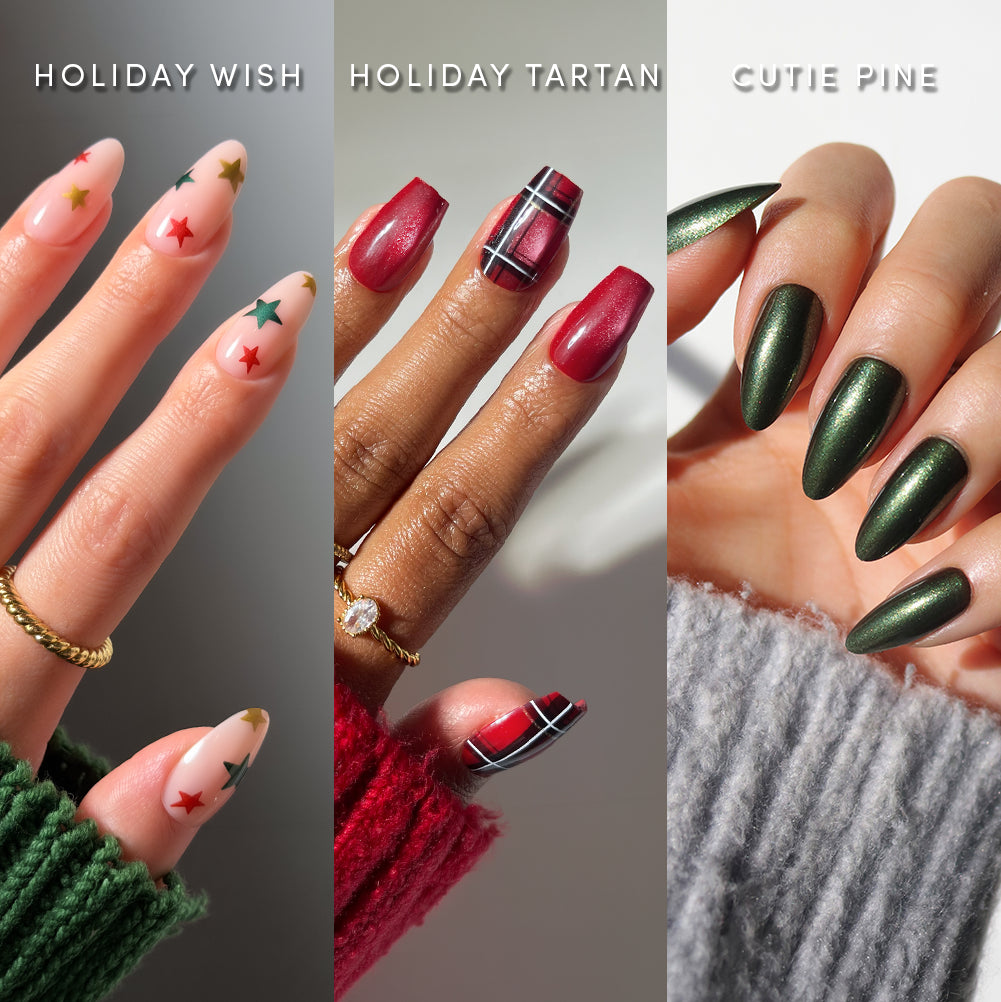The Merry Mediums - Three hands showcase The Merry Mediums holiday nail bundle: Holiday Wish with pink nails and stars, Holiday Tartan with red and plaid designs, and Cutie Pine with metallic green almond-shaped press-on nails.