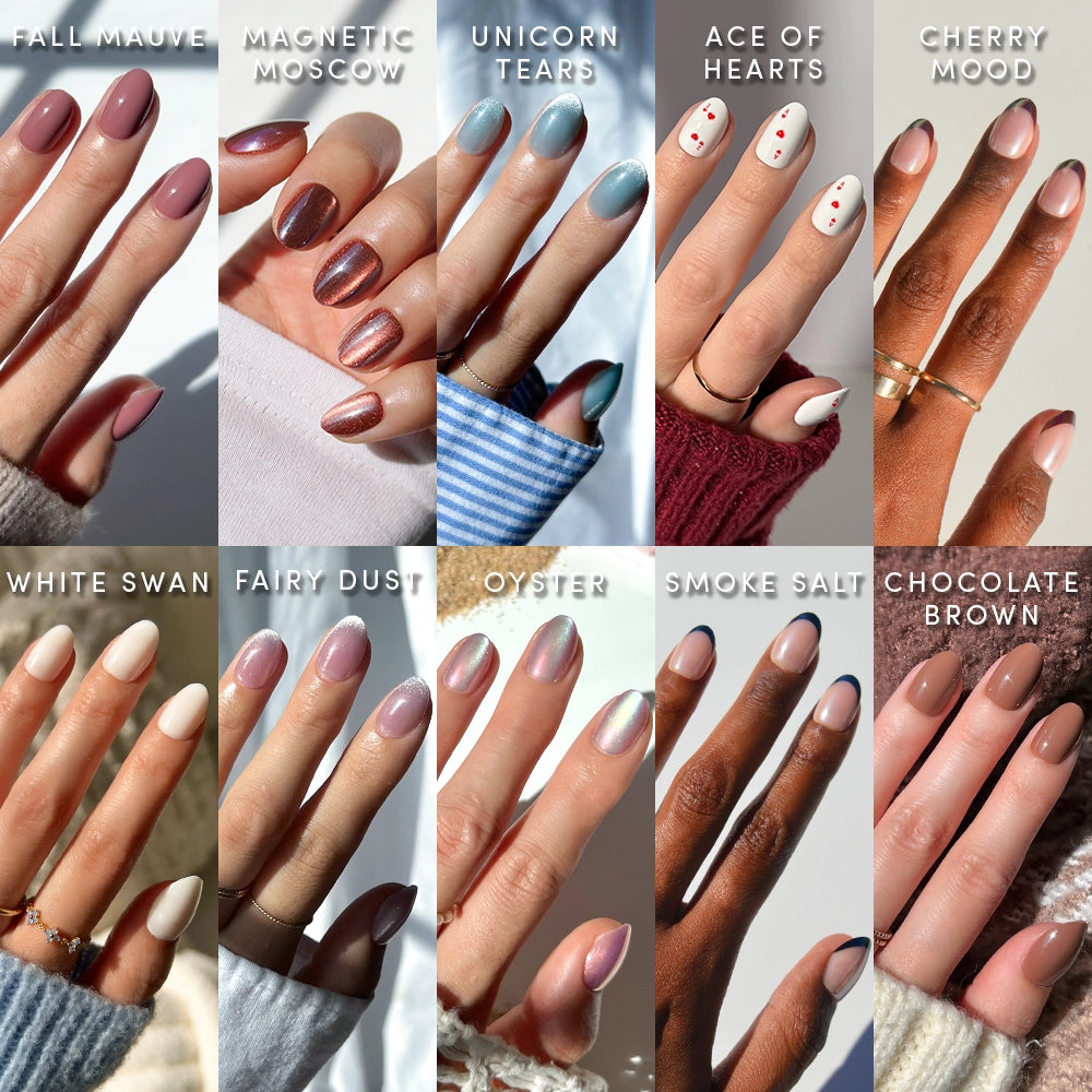 Twelve manicured hands display glamnetic’s The Oval Vault—short oval nails in styles like Fall Mauve, Magnetic Moscow, Unicorn Tears, and more. This stunning limited-edition nail bundle is perfect for any look.