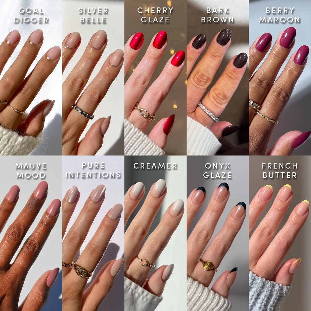 The Round Vault by glamnetic features a collage of twelve hands, each with short round press-on nails in different labeled shades: nude, silver, red, brown, maroon, mauve, cream, gray, black, and French tips.