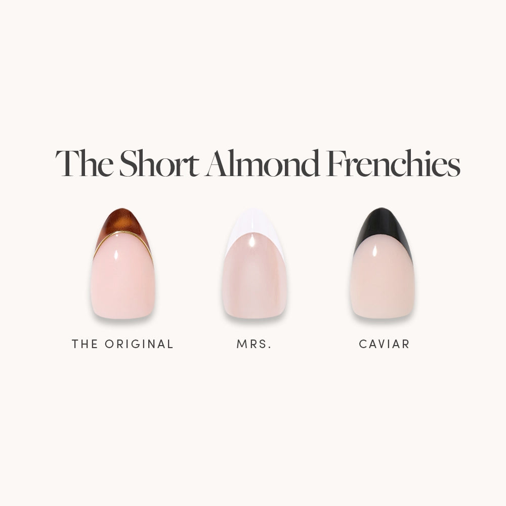 The Short Almond Frenchies by glamnetic: three short almond press-on nails with French tips—brown ("The Original"), white ("Mrs."), and black ("Caviar")—for a chic, modern look.