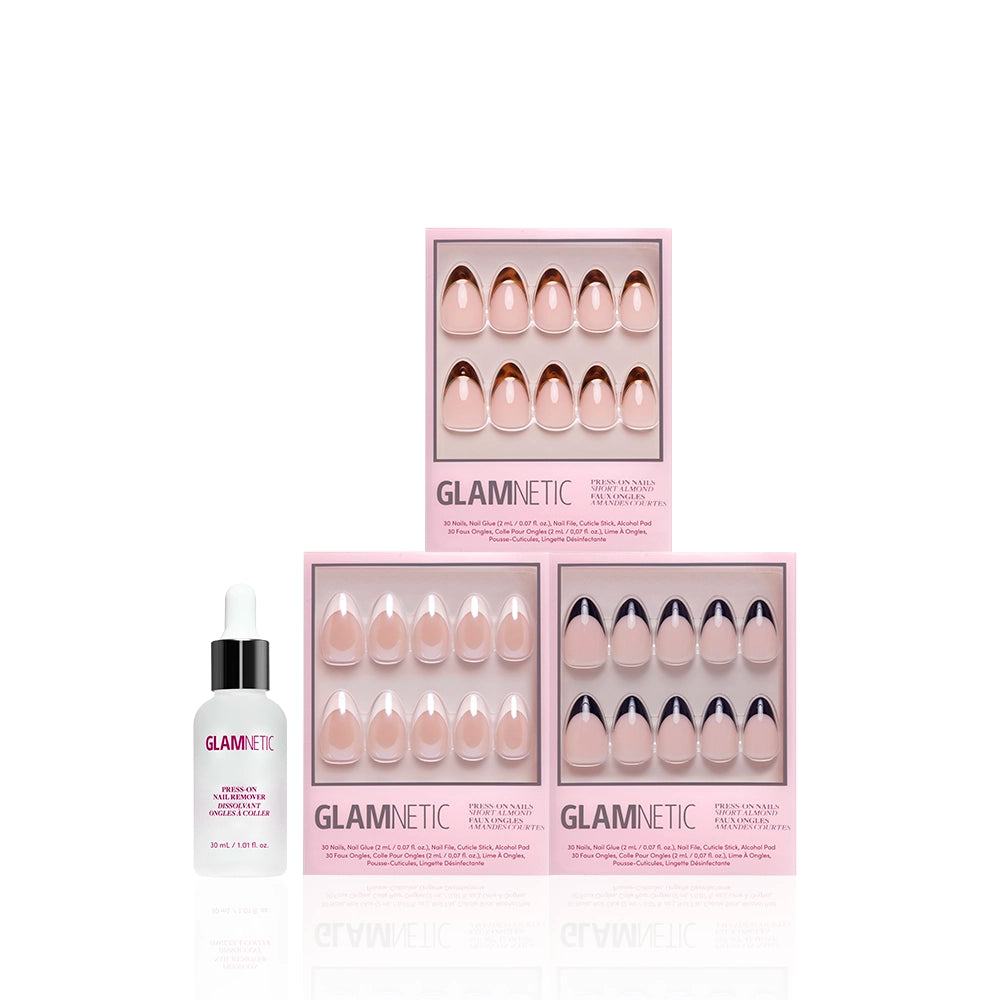 Three boxes of glamnetic's The Short Almond Frenchies, showcasing short almond nails in nude and pink styles, are displayed above a bottle of glamnetic nail glue on a white background. - Product image